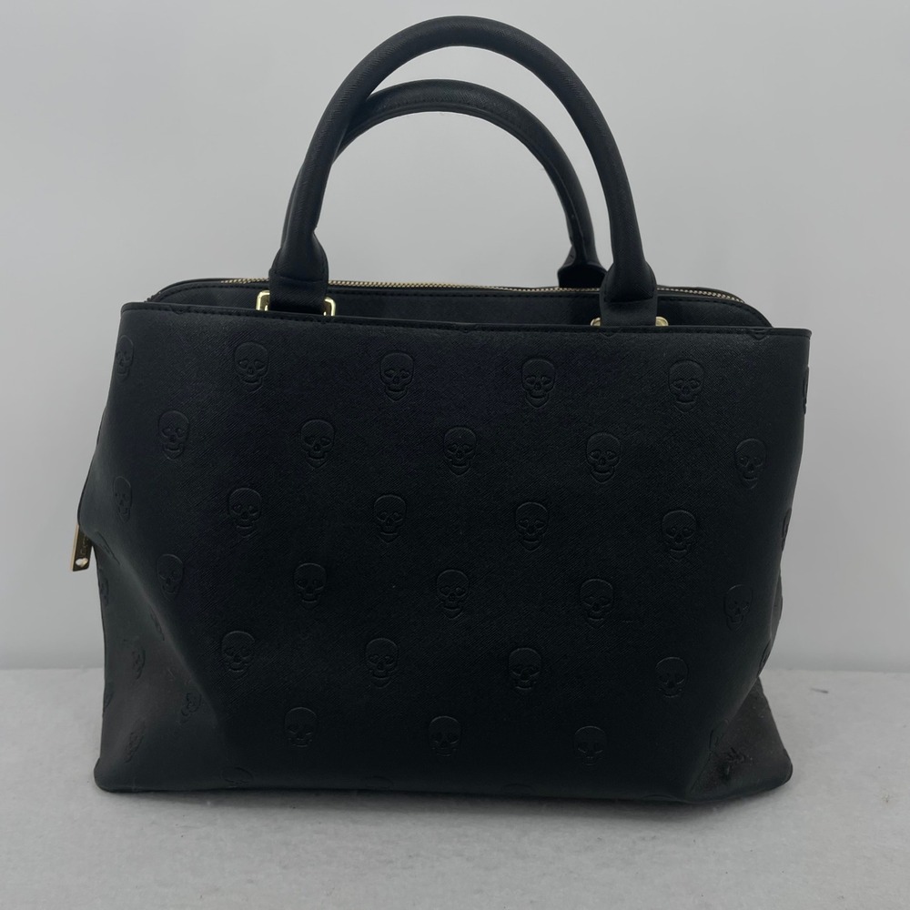 Betsey Johnson Black Embossed Skull Satchel Bag Gold Accent Gothic Floral Lining